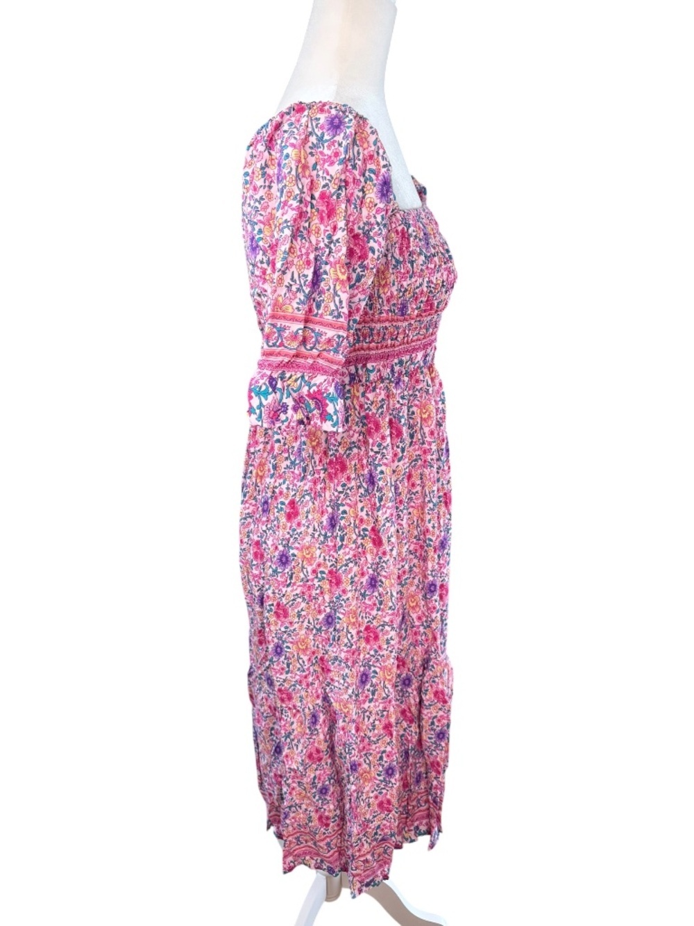 Pink Floral Smocked Puff Sleeve Midi Dress Size Large - Picture 5 of 9
